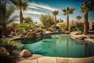 Fototapeta premium summer time pool. beautiful desert landscaping, palm trees, generative ai 