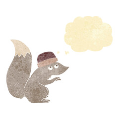 cartoon squirrel wearing hat with thought bubble