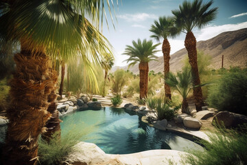Naklejka na ściany i meble summer time pool. beautiful desert landscaping, palm trees, generative ai 