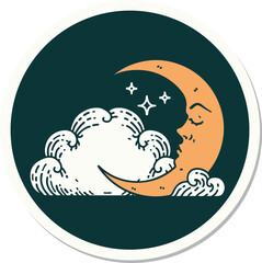 tattoo style sticker of a crescent moon and clouds