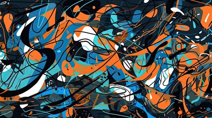 Modern Art Abstract Expressionism - Banner Graffiti Doodle and Squiggle Pattern Painting in Blue, Orange, and Black: Generative AI