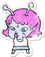 distressed sticker of a pretty cartoon alien girl