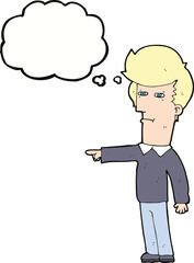 cartoon man blaming with thought bubble