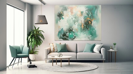 Stylish Home Decor: Modern Interior Design with Abstract Pattern Accent Wall. Generative AI