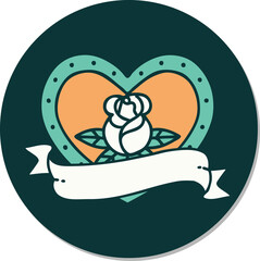 tattoo style sticker of a heart rose and banner