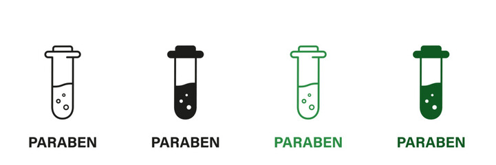 Paraben Free with Test Tube Silhouette and Line Icon Set. Forbidden Paraben in Food Symbol. Safety Eco Organic Cosmetic Bio Product. Chemical Preservative Stop Sign. No Plastic. Vector Illustration
