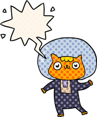 cartoon space cat and speech bubble in comic book style