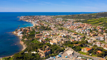 Fototapeta na wymiar Aerial view of Santa Marinella. It is a town in the Metropolitan City of Rome, Lazio, Italy. It is located on the Mediterranean Sea and overlooking the Tyrrhenian Sea.