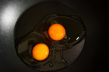 Two raw eggs with yellow yolks on the black frying pan ready to cook. Delicious healthy simple breakfast meal. Traditional homemade quick breakfast. International cuisine food. Top view.