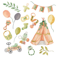 Set of watercolor illustrations of wigwam, retro car, balloons, green leaves, pacifier, pacifier holder, sock, rattle, bib. Ideal for children's cards, posters, prints and invitations
