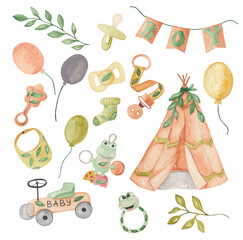 Set of watercolor illustrations of wigwam, retro car, balloons, green leaves, pacifier, pacifier holder, sock, rattle, bib. Ideal for children's cards, posters, prints and invitations © Sofiia Stanhurska