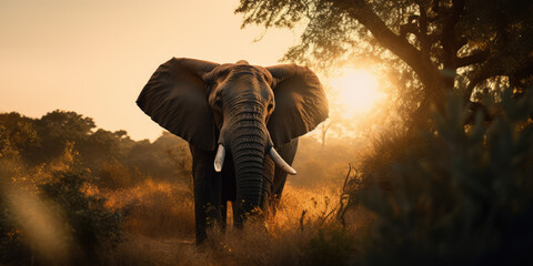 Fototapeta na wymiar Elephant on sunset safari, tropical african landscape 