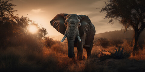 Elephant on sunset safari, african wildlife landscape 