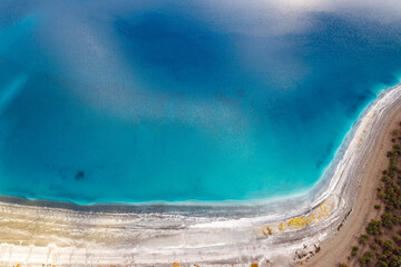 Aerial top view Salda lake turquoise blue water, Burdur Turkey
