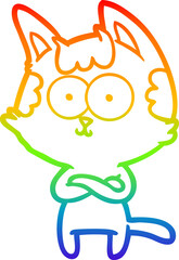 rainbow gradient line drawing happy cartoon cat with crossed arms