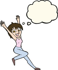 cartoon excited woman with thought bubble