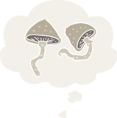 cartoon mushrooms and thought bubble in retro style