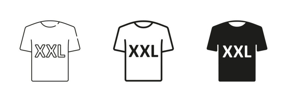 T-shirt Size Black Silhouette and Line Icons Set. Human Clothing Size Label. Man or Woman T-Shirt XXL Size Tag. Isolated Vector Illustration