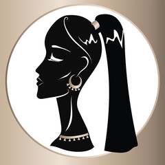Side Profile Silhouette of Black Woman with Ponytail and Gold Jewellery, Editable Logo or Symbol for Beauty Centers