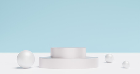 White pedestal podium with decor spheres balls. Showcase advertising product. 3d rendering