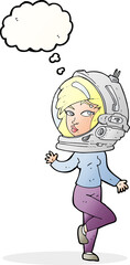 cartoon woman wearing space helmet with thought bubble