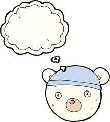 cartoon polar bear cub wearing hat with thought bubble