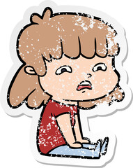 distressed sticker of a cartoon worried woman