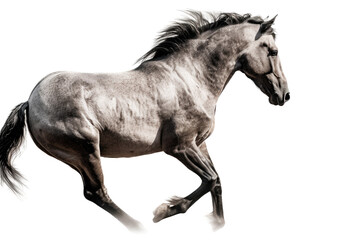 Naklejka na ściany i meble an equestrian-themed photographic illustration of a white horse mustang stallion colt rearing, jumping, and running on a transparent background in PNG. T-shirt design. Generative AI
