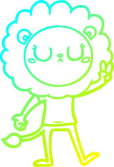 cold gradient line drawing cartoon lion giving peac sign