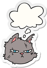 cartoon tough cat face and thought bubble as a printed sticker