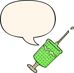cartoon syringe needle and speech bubble in comic book style