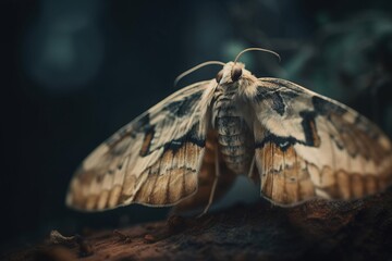 Fototapeta na wymiar a large moth sitting on top of a tree branch in the dark. generative ai