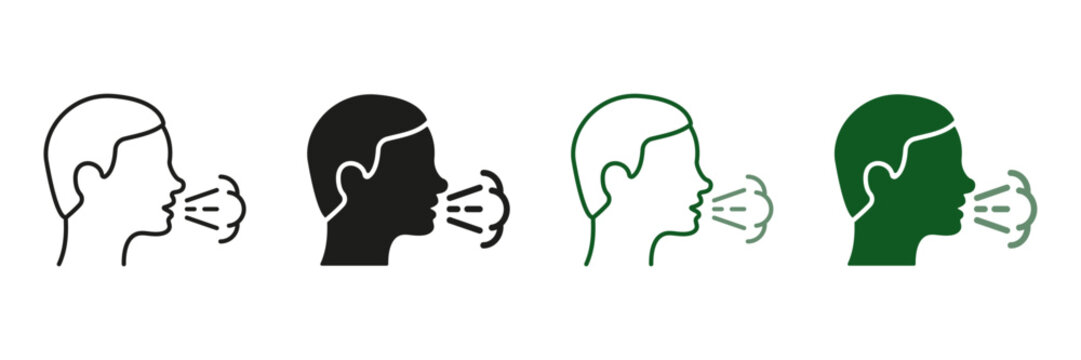 Man Coughing or Sneezing. Infectious Diseases, Bronchitis, Tuberculosis Pictogram. Cough Line and Silhouette Icon Set. Flu, Cold, Coronavirus Symptoms Symbol Collection. Isolated Vector illustration