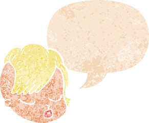 cartoon female face and speech bubble in retro textured style