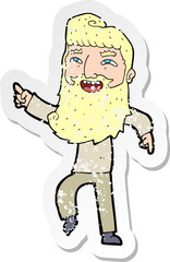 retro distressed sticker of a cartoon man with beard laughing and pointing