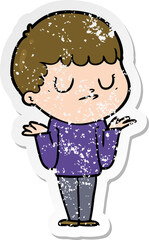 distressed sticker of a cartoon grumpy boy