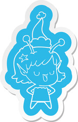happy alien girl cartoon  sticker of a wearing santa hat