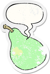 cartoon pear and speech bubble distressed sticker