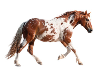 an equestrian-themed photographic illustration of a painted pinto horse mustang stallion rearing, jumping, and running on a transparent background in PNG. T-shirt design. Generative AI