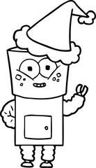happy line drawing of a robot waving hello wearing santa hat