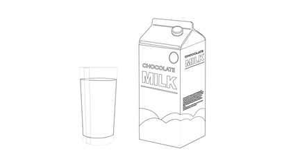 Vector Isolated Black and White Illustration of a Chocolate Milk Box and a Chocolate Milk Glass