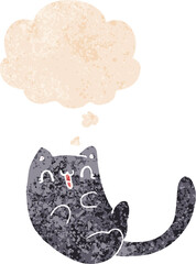 cartoon cat and thought bubble in retro textured style