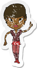 retro distressed sticker of a cartoon woman with idea