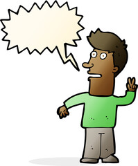 cartoon man making peace sign with speech bubble