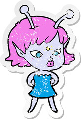 distressed sticker of a pretty cartoon alien girl