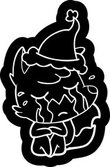 crying fox cartoon icon of a wearing santa hat