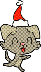 laughing comic book style illustration of a dog wearing santa hat