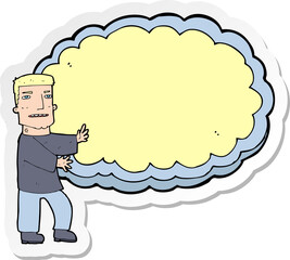 sticker of a cartoon man presenting text space cloud