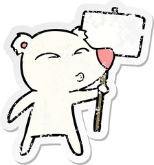 distressed sticker of a cartoon polar bear with placard