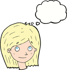 cartoon happy female face with thought bubble